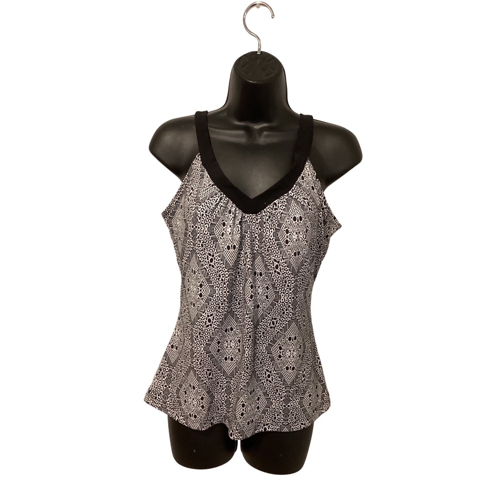 Prana Womens Black White Geometric‎ Tribal Print Tankini Top Built In Bra Large